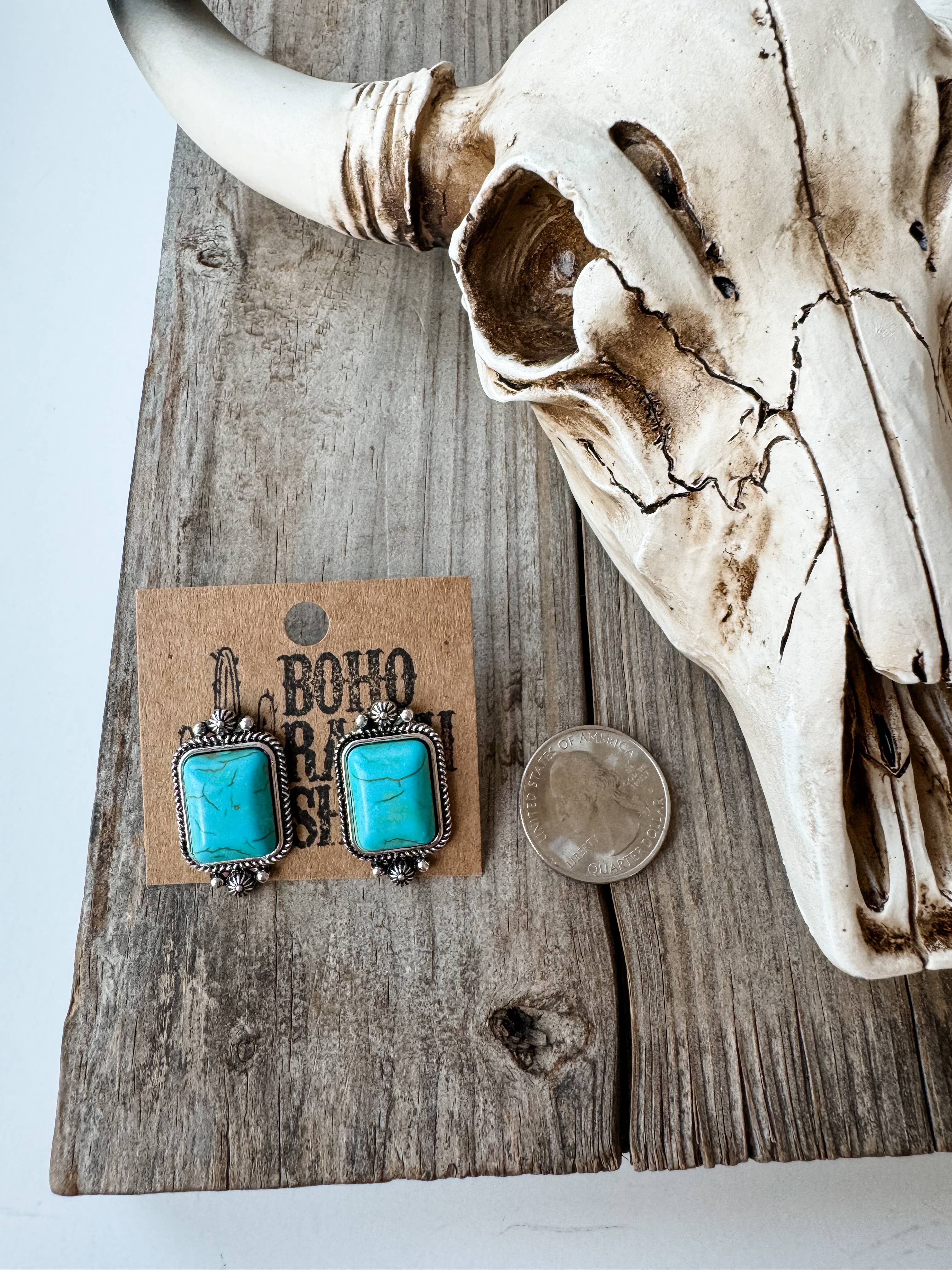 Western Rectangle Stone Earrings Turquoise